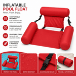 An informational graphic for a red inflatable pool float highlighting features like its comfortable headrest, water-resistant PVC material, adjustable straps with buckles, and foldable, portable design.