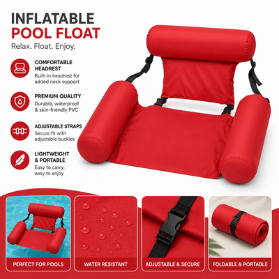 An informational graphic for a red inflatable pool float highlighting features like its comfortable headrest, water-resistant PVC material, adjustable straps with buckles, and foldable, portable design.