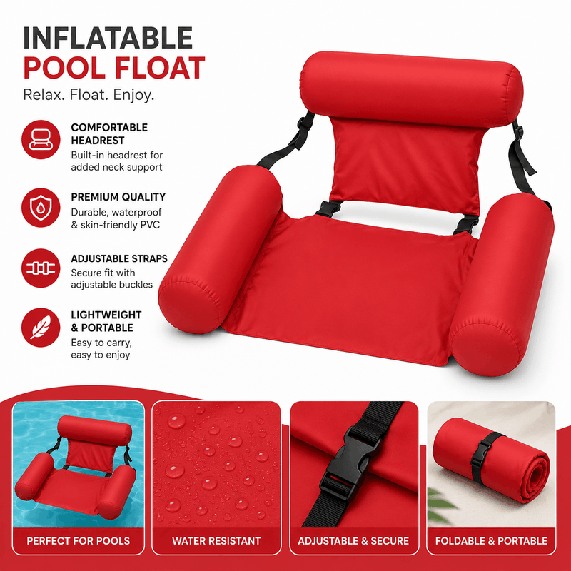 An informational graphic for a red inflatable pool float highlighting features like its comfortable headrest, water-resistant PVC material, adjustable straps with buckles, and foldable, portable design.