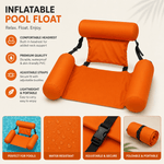 An informational graphic for an orange inflatable pool float, highlighting its comfortable headrest, water-resistant material, adjustable straps, and portable, foldable design.