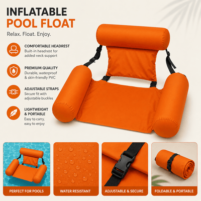 An informational graphic for an orange inflatable pool float, highlighting its comfortable headrest, water-resistant material, adjustable straps, and portable, foldable design.