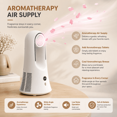 Aromatherapy air supply device with features listed on a light background