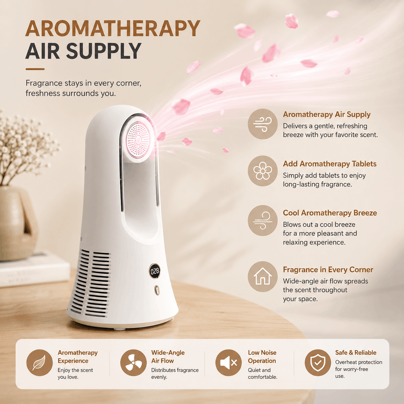 Aromatherapy air supply device with features listed on a light background