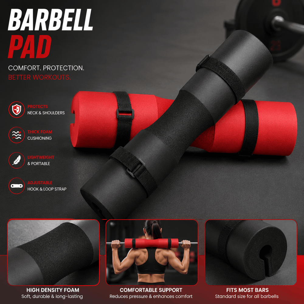 Barbell pad with red and black design, featuring text and images of a person using it.
