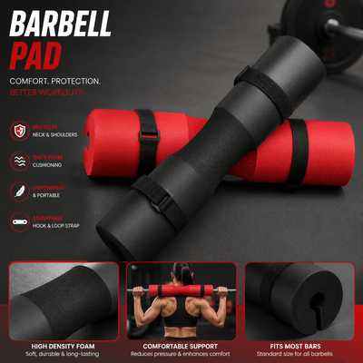 Barbell pad with red and black design, featuring text and images of a person using it.