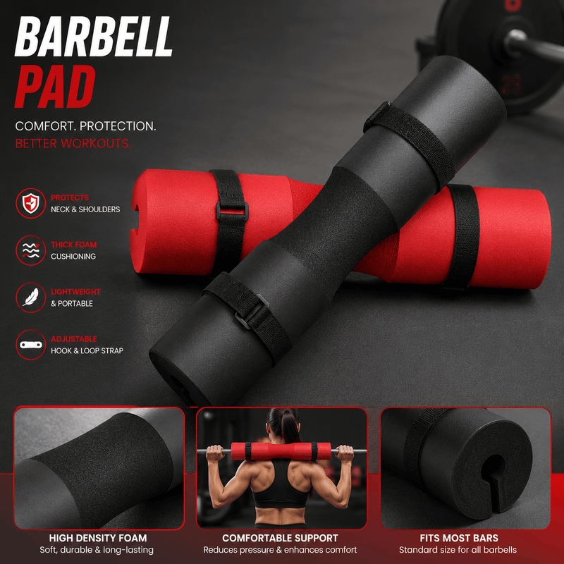 Barbell pad with red and black design, featuring text and images of a person using it.