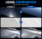 Before and after comparison of a car window cleaning product on a dark background.