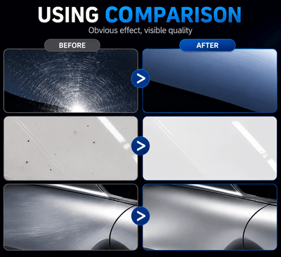Before and after comparison of a car window cleaning product on a dark background.