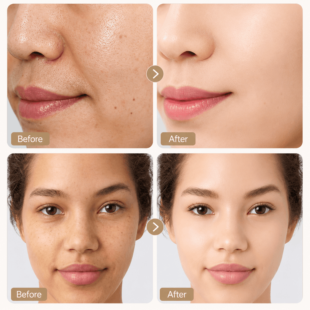 Before and after comparison of facial skin treatment on a woman's face.