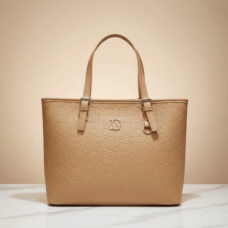 Beige handbag with embossed logo on a beige background At Aezoon