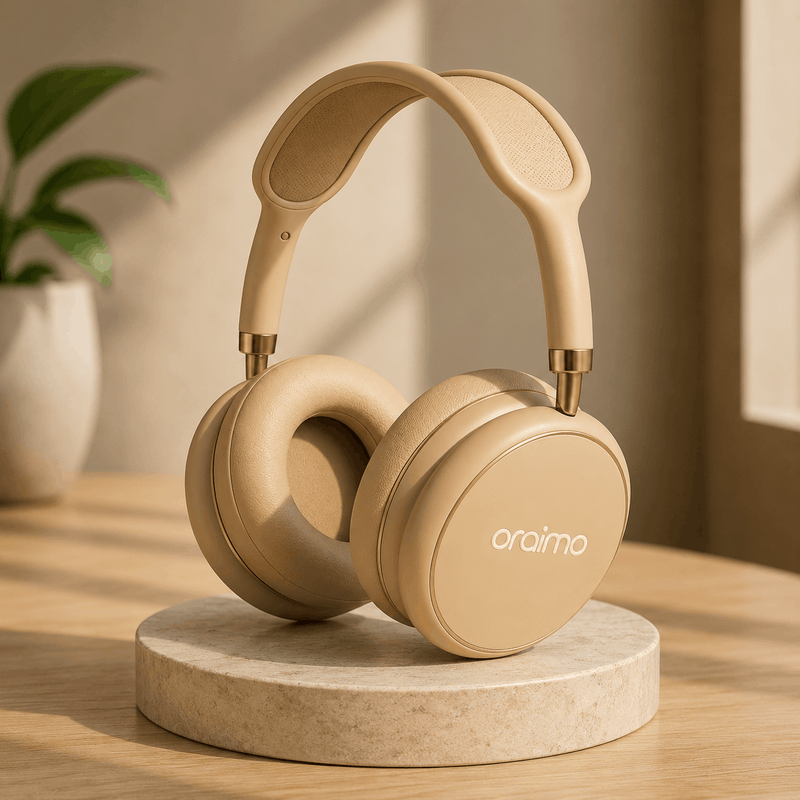 Beige headphones on a marble stand with a plant in the background