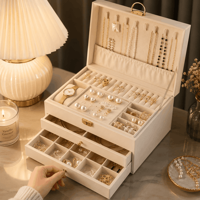 Beige jewelry box with compartments filled with jewelry on a table with a candle and lamp in the background.