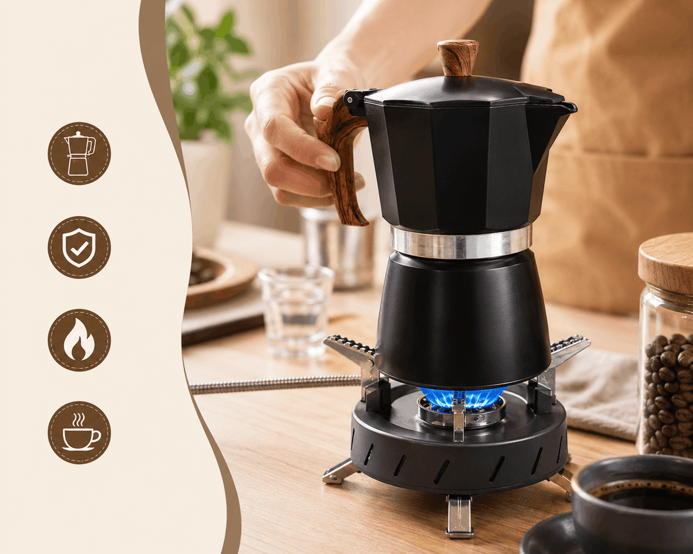 Black Moka pot espresso maker heating on a portable camping gas stove with blue flame