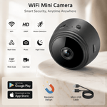 Black WiFi mini camera with features listed on a light background