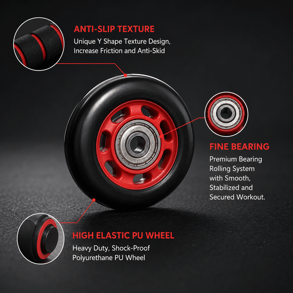 Black and red wheel with text highlighting anti-slip texture, fine bearing, and high elastic PU wheel features on a dark background.