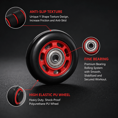 Black and red wheel with text highlighting anti-slip texture, fine bearing, and high elastic PU wheel features on a dark background.