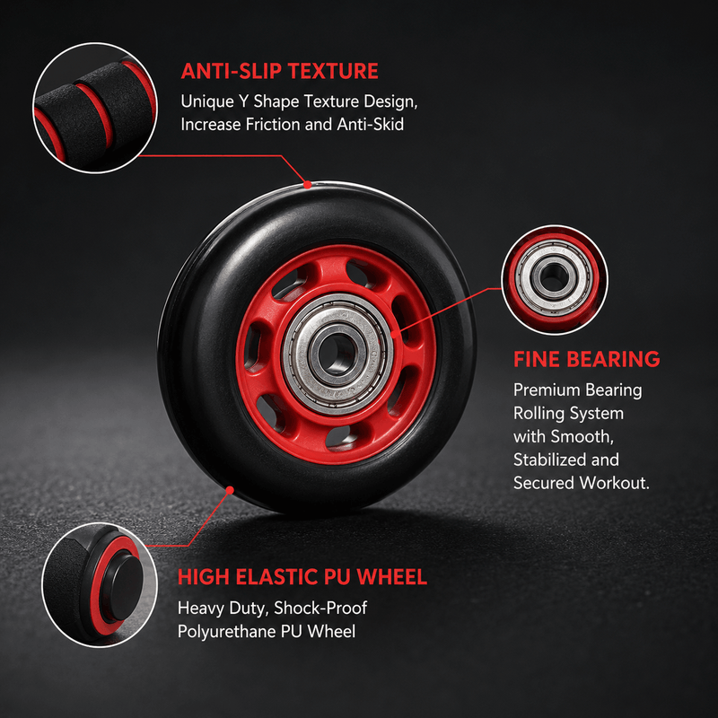 Black and red wheel with text highlighting anti-slip texture, fine bearing, and high elastic PU wheel features on a dark background.