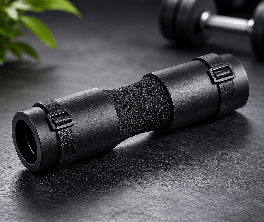 Black binoculars on a dark surface with a plant in the background