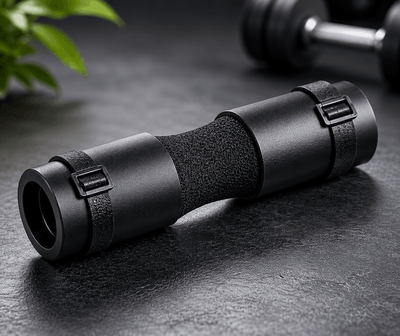 Black binoculars on a dark surface with a plant in the background