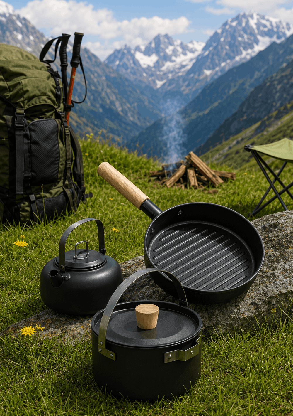 Black camping cookware set on a rock with a scenic mountain backdrop