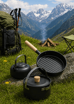 Black camping cookware set on a rock with a scenic mountain backdrop
