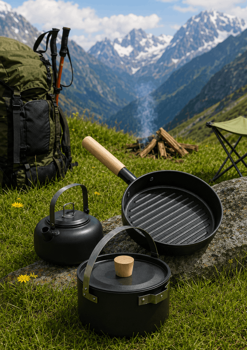 Black camping cookware set on a rock with a scenic mountain backdrop