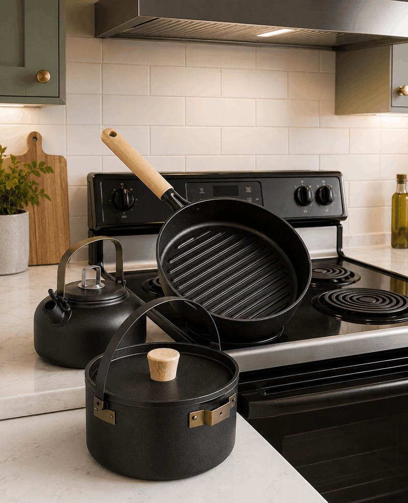 Black cookware set on a kitchen counter with stove in the background