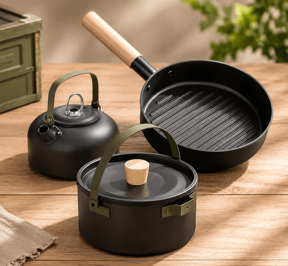 Black cookware set with a teakettle, pot, and frying pan on a wooden surface.