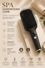 Black hairbrush with text detailing its features on a beige background