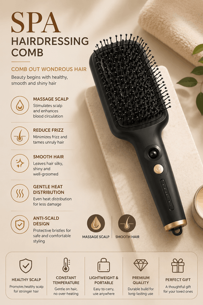 Black hairbrush with text detailing its features on a beige background