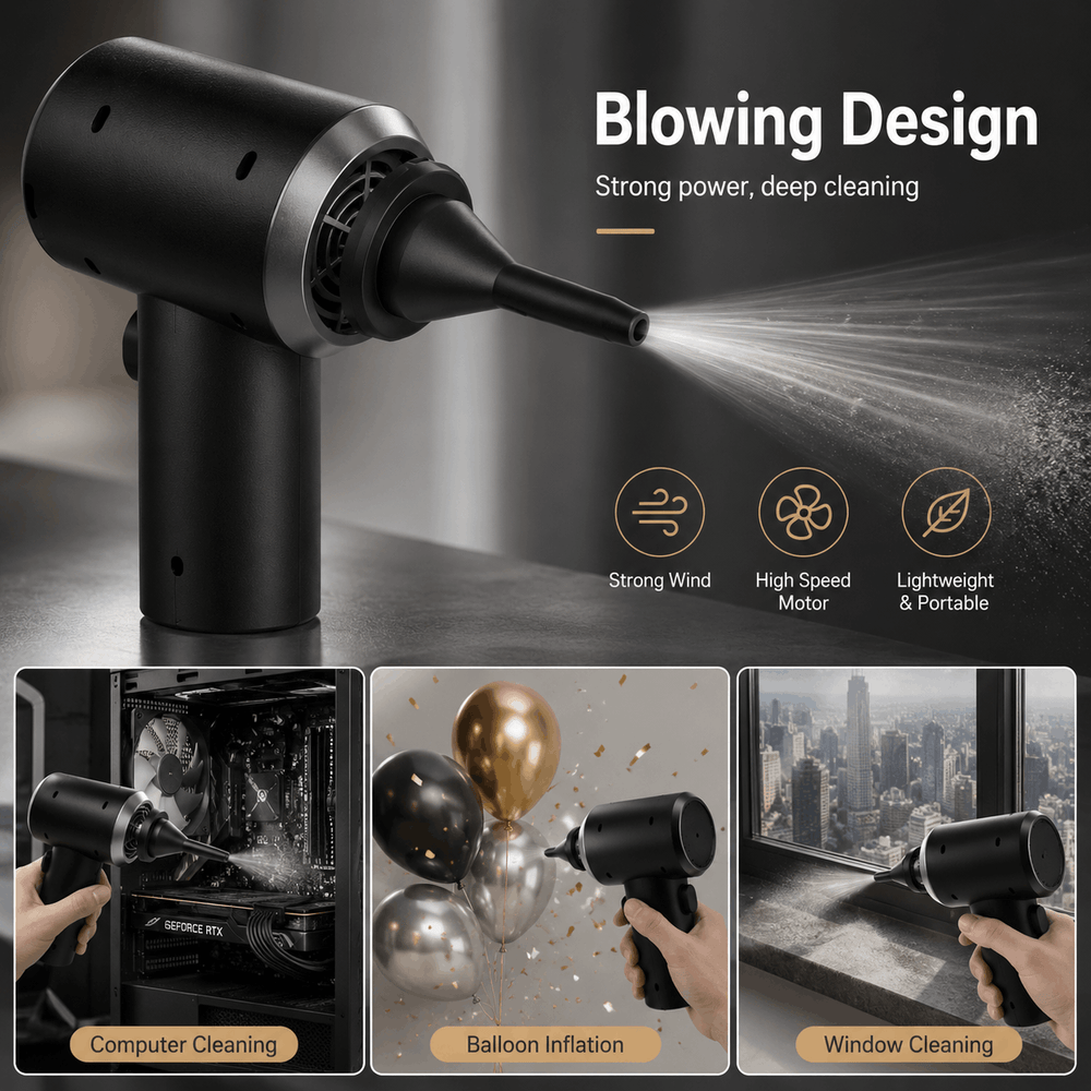 Black handheld cleaning device with blowing design, shown in use for computer cleaning, balloon inflation, and window cleaning.