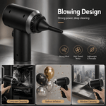 Black handheld cleaning device with blowing design, shown in use for computer cleaning, balloon inflation, and window cleaning.