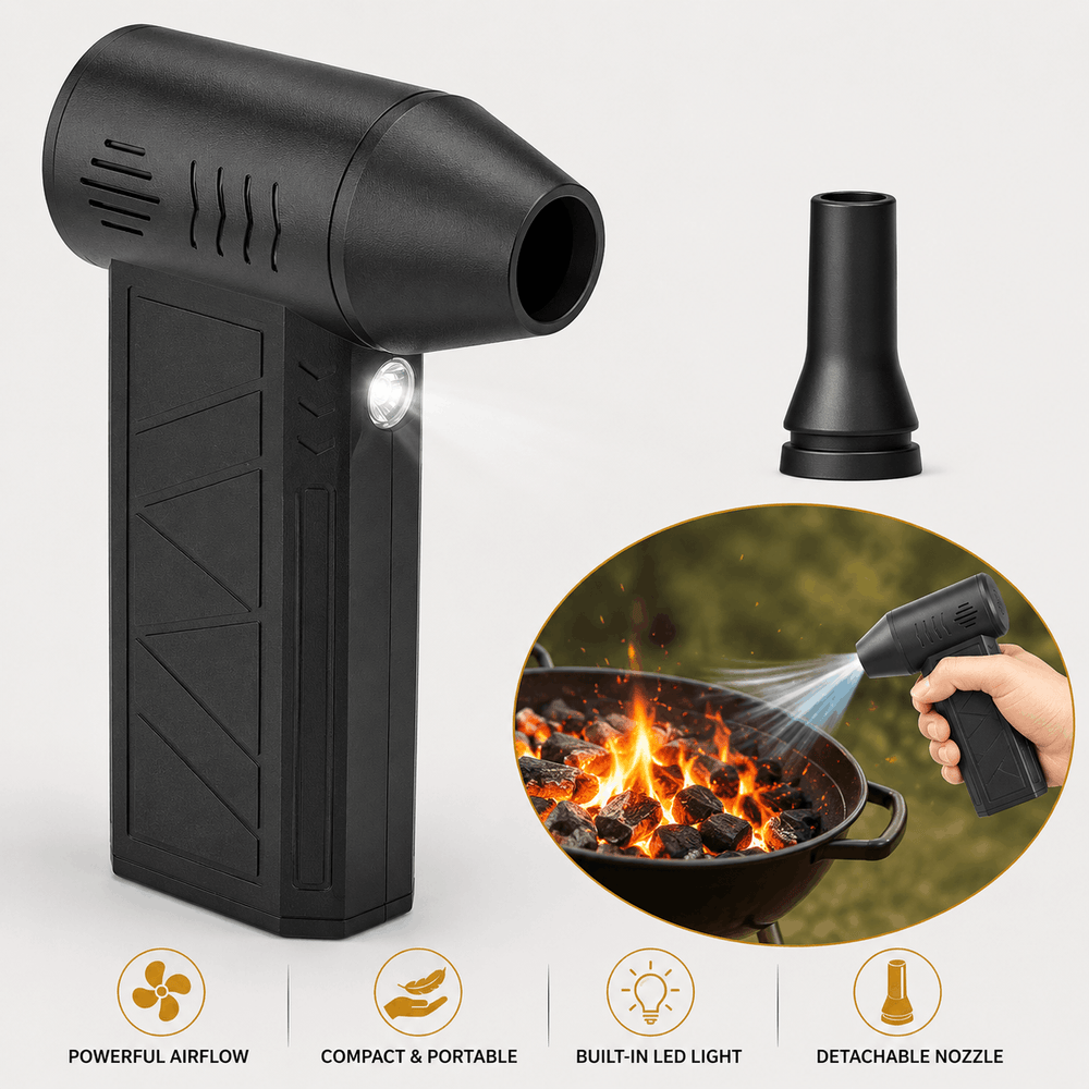 Black handheld fire starter and flare torch with a built-in LED light, shown on a light gray background with a separate nozzle, an inset photo of a hand using it over a grill, and feature icons at the bottom.
