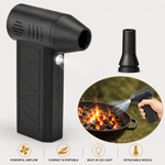 Black handheld fire starter and flare torch with a built-in LED light, shown on a light gray background with a separate nozzle, an inset photo of a hand using it over a grill, and feature icons at the bottom.