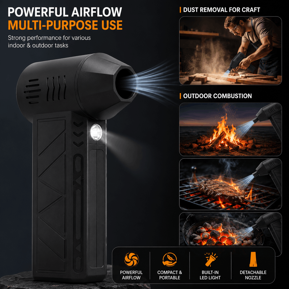 Black handheld fire starter spray nozzle with a built-in LED light, shown on a dark background with promotional text and inset photos demonstrating use for craft dust removal, outdoor combustion, and grilling.