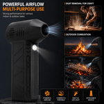 Black handheld fire starter spray nozzle with a built-in LED light, shown on a dark background with promotional text and inset photos demonstrating use for craft dust removal, outdoor combustion, and grilling.