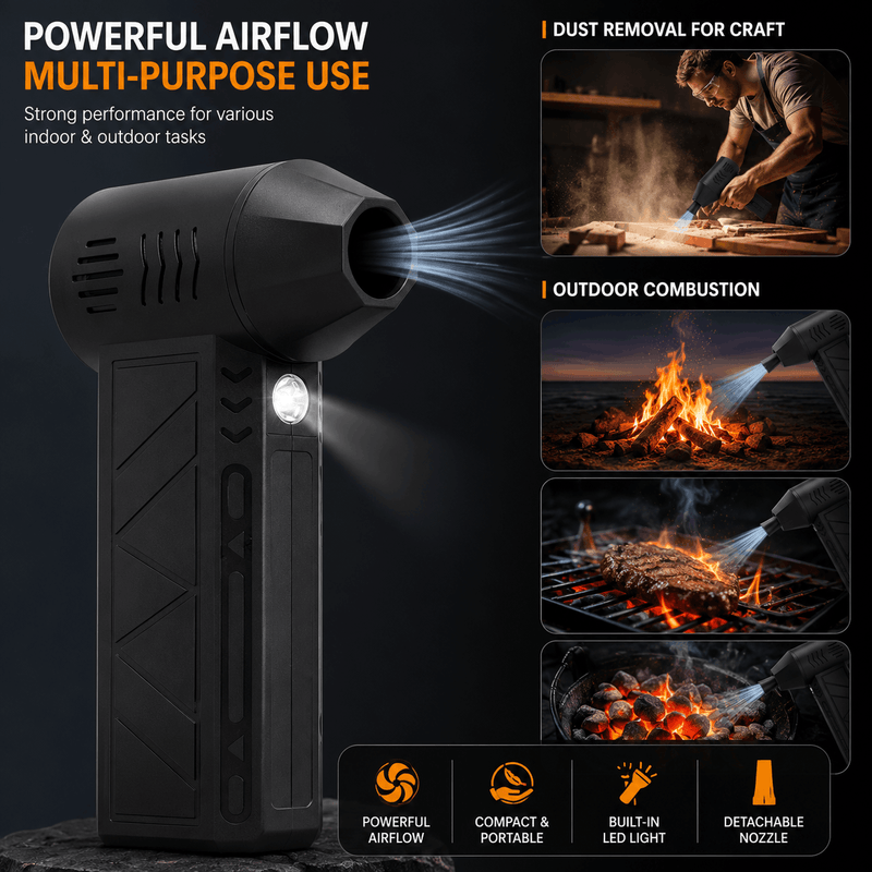 Black handheld fire starter spray nozzle with a built-in LED light, shown on a dark background with promotional text and inset photos demonstrating use for craft dust removal, outdoor combustion, and grilling.