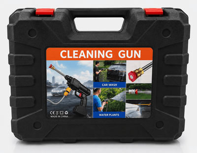 Black hard-shell carrying case for a portable cleaning gun, featuring product images for car washing and watering plants