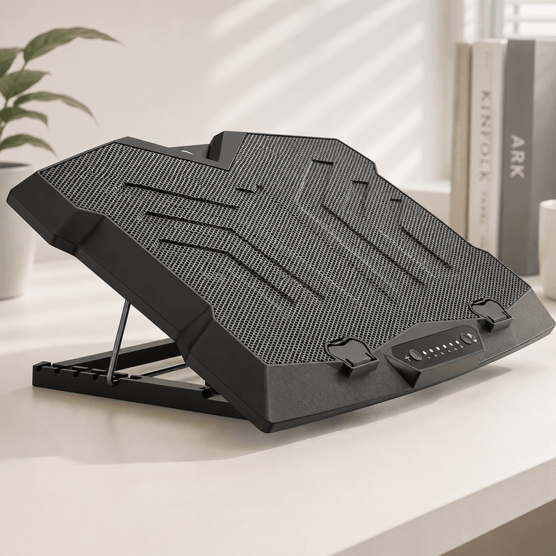 Black laptop stand on a white surface with a blurred background
