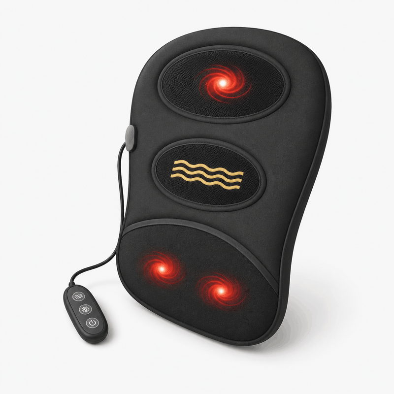 Black massage pad with red lights on a white background