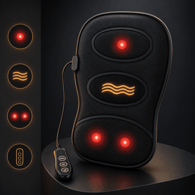 Black massage pillow with LED indicators on a dark background