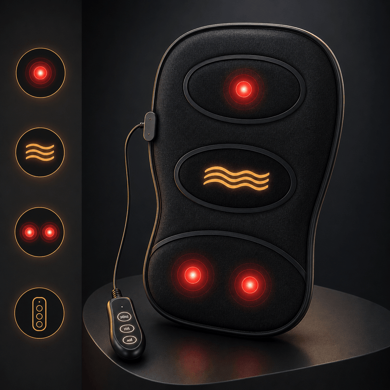 Black massage pillow with LED indicators on a dark background