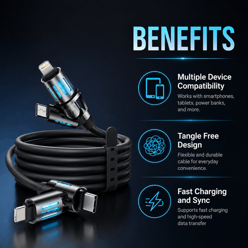 Black multi-device charging cable with benefits text on a dark background