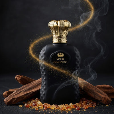 Black perfume bottle with gold cap labeled 'Your Highness' on a dark background with cinnamon sticks and amber beads. At Aezoon