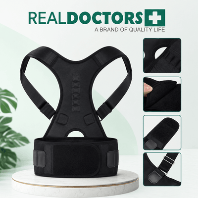 Black posture corrector with detailed views on a white background, featuring 'Real Doctors' brand.