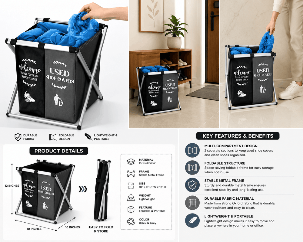 Black shoe cover storage bin with text, used in various settings.