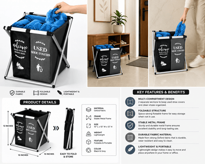 Black shoe cover storage bin with text, used in various settings.