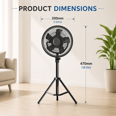 Black stand fan with dimensions labeled in a room setting