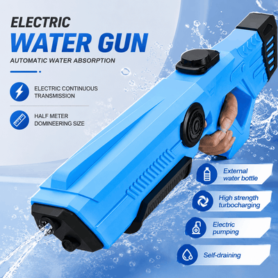Blue electric water gun with text highlighting features on a blue background