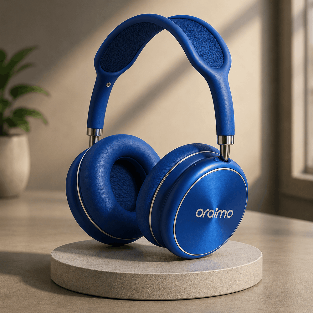 Blue headphones on a gray stand with a neutral background
